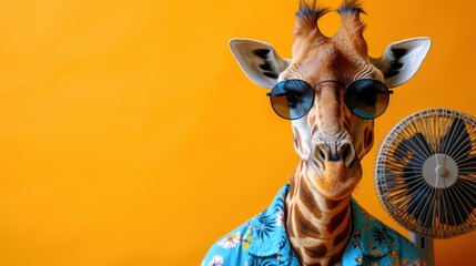  a close up of a giraffe wearing sunglasses and a blue shirt with a fan on it's head and a yellow wall behind it, with a yellow background.