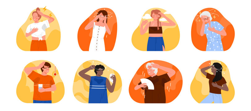 People with sunstroke symptoms set. Exhausted tired sick young and old characters with stress from dizziness and fever, dehydration and sweating in hot summer weather cartoon vector illustration