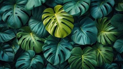  a close up of a bunch of green leaves with a yellow leaf on top of one of the leaves on the other side of the leaves is a large green leaf. - obrazy, fototapety, plakaty