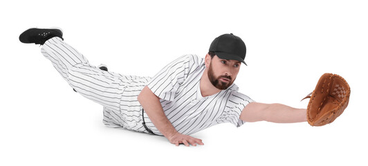 Baseball player with leather glove on white background