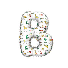 3D inflated balloon letter B with multicolored matte white textured dinosaurus design for children