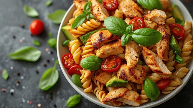  a bowl of pasta with chicken, tomatoes, basil, and cherry tomatoes on a dark surface with a sprig of fresh basil on top of the pasta.