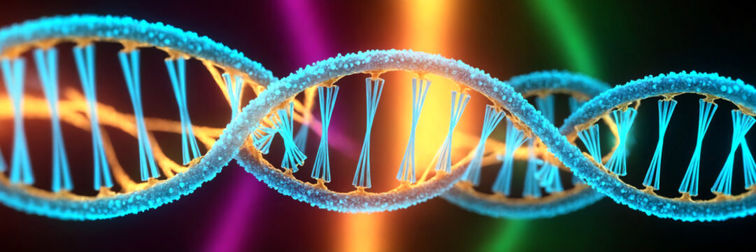 DNA helix, microscope view, colorful wide background