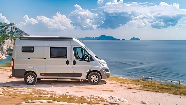 A white van is parked on the side of a road next to the ocean, with waves crashing in the background