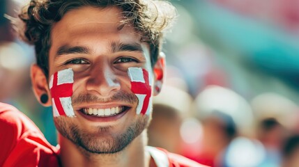 Football fan with england flag on the face at the stadium.  Concept of 2024 UEFA European Football Championship  