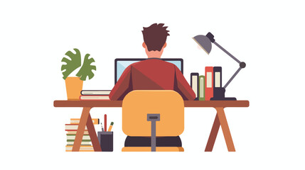 Desktop with student flat style vector illustration