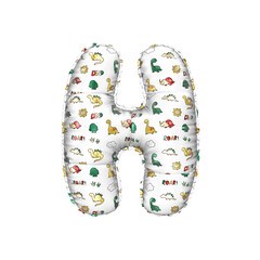 3D inflated balloon letter H with multicolored matte white textured dinosaurus design for children