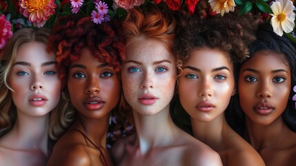 Obraz premium Portrait of diverse group of beautiful young women looking at camera, with flower decorations