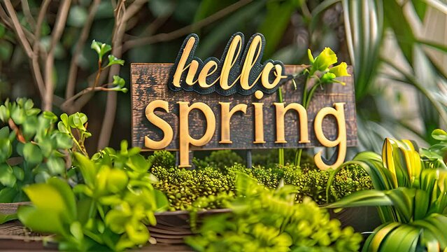 A wooden sign with hello spring written on it is displayed in a garden with various plants surrounding it