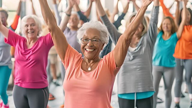 A group of older women engaging in yoga poses and stretches in a gym setting
