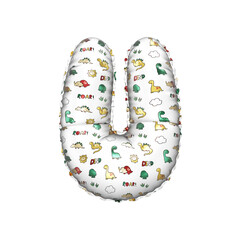 3D inflated balloon letter U with multicolored matte white textured dinosaurus design for children