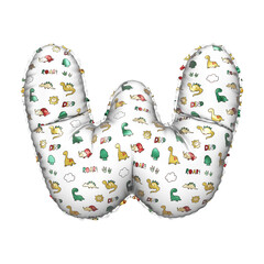 3D inflated balloon letter W with multicolored matte white textured dinosaurus design for children