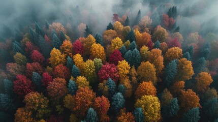  an aerial view of a group of trees with colorful leaves in the foreground and a foggy sky in the background, with low lying clouds in the foreground.
