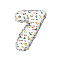 3D inflated balloon Number 7 with multicolored matte white textured dinosaurus design for children