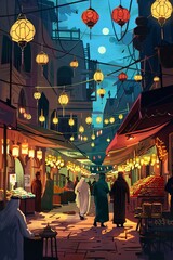 Obraz premium a banquet of Ramadan cultural delicacies, anime style illustration
