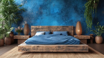  a bedroom with blue walls and a bed with a blue comforter and a wooden headboard and foot board with a blue blanket and pillows and two potted plants.