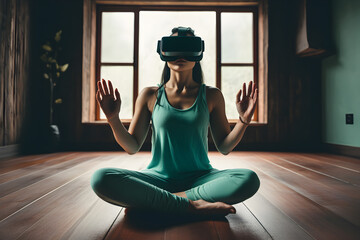 Young woman doing yoga with VR glasses. VR and modern technology concept