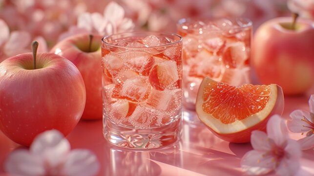  a close up of a glass of water with a grapefruit and a grapefruit on the side of the glass and a grapefruit and an apple on the other side.