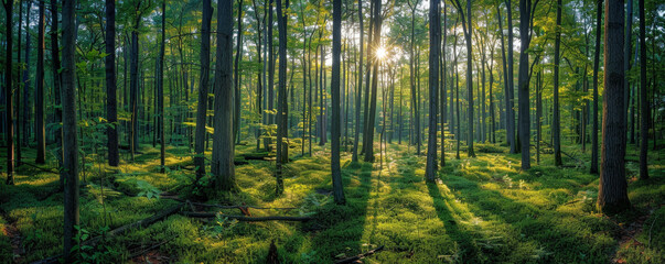 Obraz premium Ethereal Dawn Light Streaming Through a Lush Forest Canopy