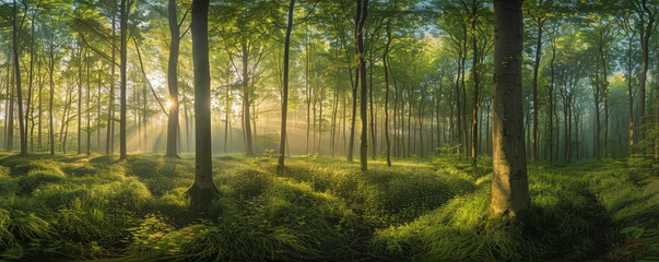 Ethereal Dawn Light Streaming Through a Lush Forest Canopy