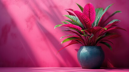  a potted plant in front of a pink wall with a shadow of a plant in the middle of the pot and a shadow of a pink wall behind it.