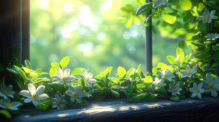  a window sill with a bunch of flowers on the window sill and green leaves on the window sill and the sun shining through the window pane.