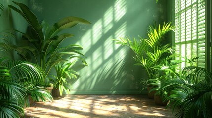  a room filled with lots of green plants in front of a green wall and a window with shutters on both sides of the room and a sun shining through the window.