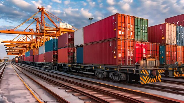 A cargo train carrying numerous containers travels on the railroad tracks