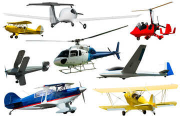 Collection of powered flying vehicles isolated on white background..