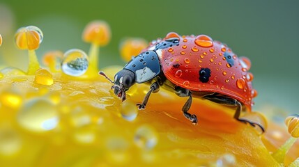  a close up of a ladybug on a flower with drops of water on it's petals and a blurry background of dew drops on the petals.