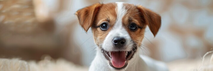 Adorable Jack Russell Terrier puppy smiling - A close-up of a cute Jack Russell Terrier puppy with a big, joyful smile, looking straight at the camera