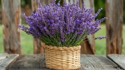  a basket filled with purple flowers sitting on top of a wooden table in front of a wooden fence with a green field in the backround of the picture.