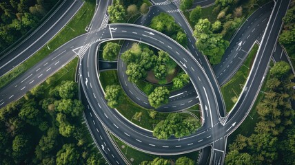 Aerial view of a complex highway interchange - This image provides a bird's-eye view of a greenery-encompassed highway interchange with intricate roadways