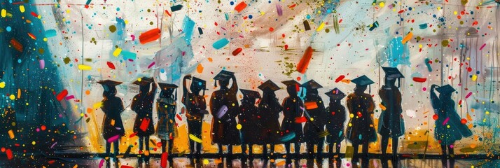 Abstract painting of graduation celebration - A colorful abstract painting of graduates throwing caps in the air, symbolizing achievement and success