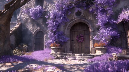 a picture of a building with purple flowers growing on the side of it and a bench in front of it and a tree with purple flowers growing on the side of it.