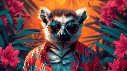  a painting of a racoon wearing sunglasses and a red shirt in front of a background of pink and green flowers and palm leaves and red and green leaves.
