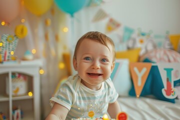 Baby's first birthday with cake and decor - Adorable baby sitting with colorful decorations and a small birthday cake