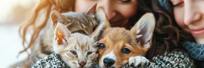 Close-up of woman with pets cuddling - A close-up of a woman tenderly cuddling a kitten and a puppy, evoking warmth and love - obrazy, fototapety, plakaty