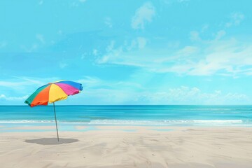 Fototapeta na wymiar Colorful beach umbrella on sunny beach - A vibrant beach scene with a multicolored umbrella standing on pristine sand against a clear blue sky