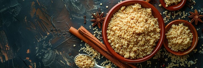 Couscous in terracotta dishes with spices - Artistic arrangement of terracotta dishes with couscous and whole spices like star anise and cinnamon sticks on a dark textured surface