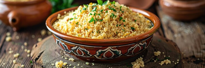 Decorated bowl with couscous and fresh herbs - Overhead shot of cooked couscous garnished with fresh herbs in a decorative bowl, suggesting a finished meal ready to be served