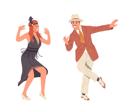 Elegant retro gentleman and lady cartoon characters dancing Charleston at Gatsby party entertainment