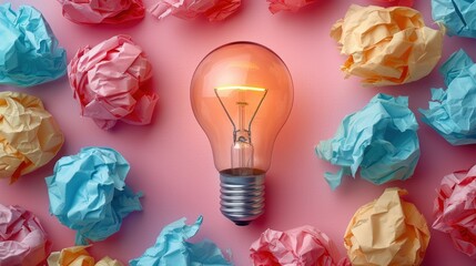  a light bulb sitting on top of a pink surface surrounded by crumpled up balls of pastel blue, pink, yellow, and orange paper, and pink colors.