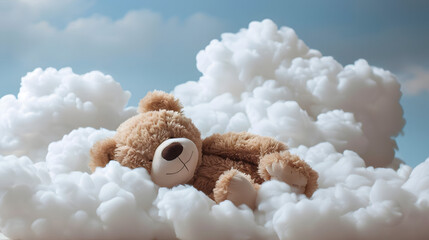 Cute baby teddy bear sleeping on the cloud - obrazy, fototapety, plakaty