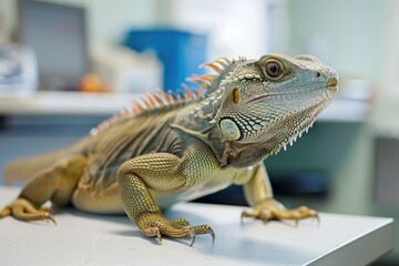 Fototapeta premium Green iguana resting on a white surface - A striking image capturing the detailed textures of a green iguana resting alertly on a pristine white surface