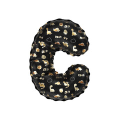 3D inflated balloon letter C with glossy black & gold/silver glossy textured dinosaurus design for children