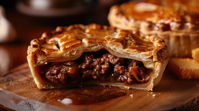 Half-eaten meat pie revealing savory filling - An enticing image capturing a meat pie mid-consumption, showcasing its hearty, savory filling and flaky pastry