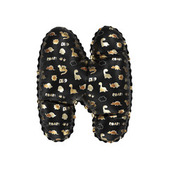 3D inflated balloon letter N with glossy black & gold/silver glossy textured dinosaurus design for children