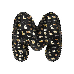 3D inflated balloon letter M with glossy black & gold/silver glossy textured dinosaurus design for children