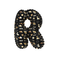 3D inflated balloon letter R with glossy black & gold/silver glossy textured dinosaurus design for children
